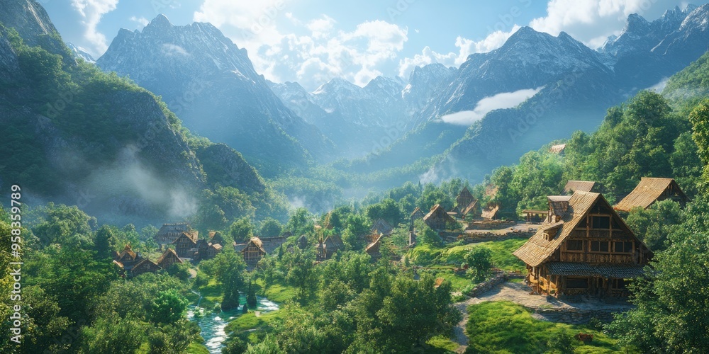 3D rendering of a village in the mountains on a sunny day