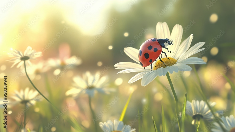 A ladybug wings unfolding as it prepares to fly from a daisy in a spring meadow. A ladybug wings unfolding as it prepares to fly from a daisy in a spring meadow.