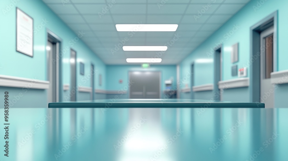 3D Rendering of a Tabletop with a Blurred Hospital Background 3D Rendering of a Tabletop with a Blurred Hospital Background