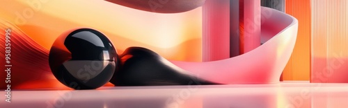 Dynamic abstract interior featuring smooth objects in black and colored gradients 3D rendering