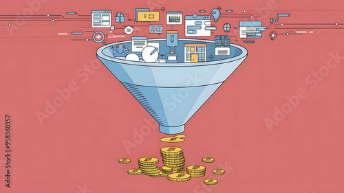 A giant funnel with various digital icons and data streams entering from the top and converting into golden coins at the bottom, representing the marketing conversion process. photo