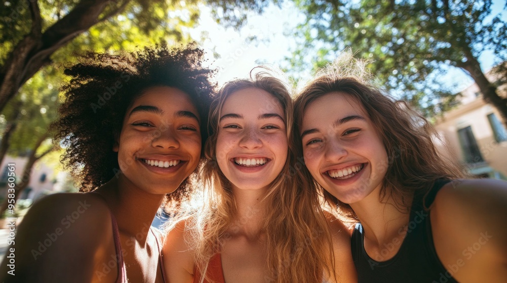 Three smiling friends enjoy a sunny day outdoors. They have joyful expressions and are surrounded by lush trees. This vibrant photo captures friendship and happiness. AI Three smiling friends enjoy a sunny day outdoors. They have joyful expressions and are surrounded by lush trees. This vibrant photo captures friendship and happiness. AI