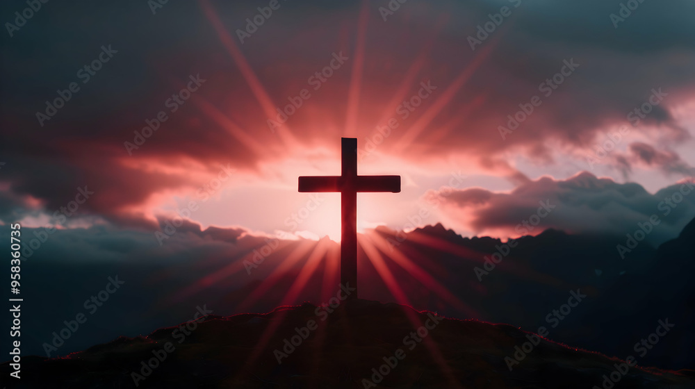 Obraz premium Crucifix The Top Mountain With Sunlight