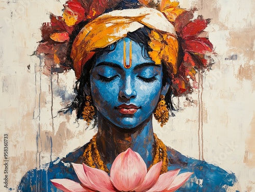 Artistic portrait of Krishna with vibrant lotus flowers, detailed close-up of divine expressions and spiritual symbolism, new beautiful stock image illustration AI
