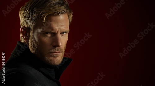 A mid-20s Caucasian man with short blonde hair and a trimmed beard, wearing a black jacket, looks determined against a dark red background