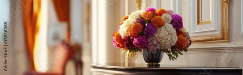 3D rendering of a vibrant wedding bouquet in a vase within a bridal suite photo