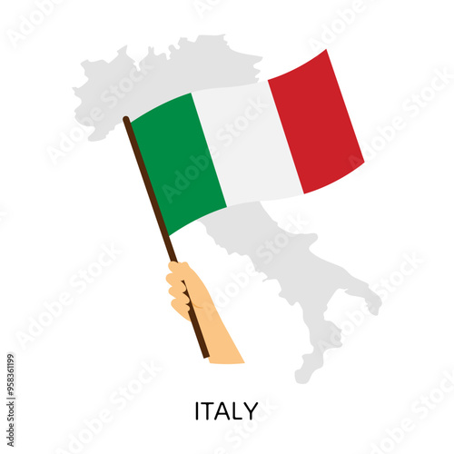 Hand is holding national Italy flag on map contour background