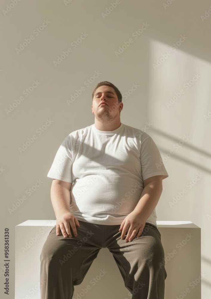 Chubby wearing white t shirt mockup clothing sitting apparel. Chubby wearing white t shirt mockup clothing sitting apparel.