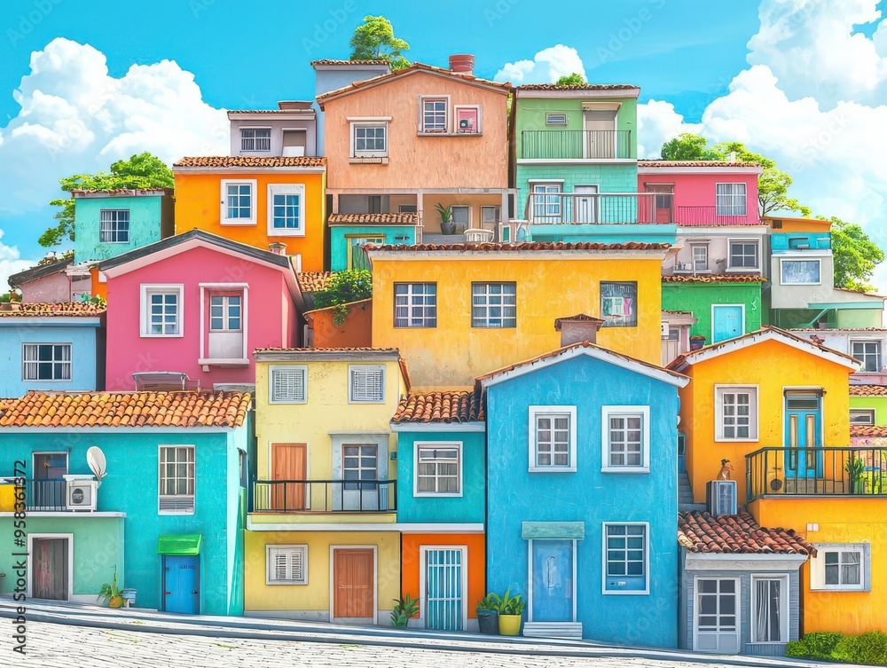 Colorful favela houses stacked on hillside, Rio de Janeiro captured in a vibrant, dynamic shot with bright colors and rich details, showcasing the lively atmosphere Colorful favela houses stacked on hillside, Rio de Janeiro captured in a vibrant, dynamic shot with bright colors and rich details, showcasing the lively atmosphere