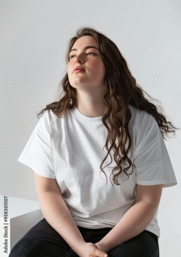 Fototapeta premium Chubby woman wearing white t shirt mockup photography clothing portrait.