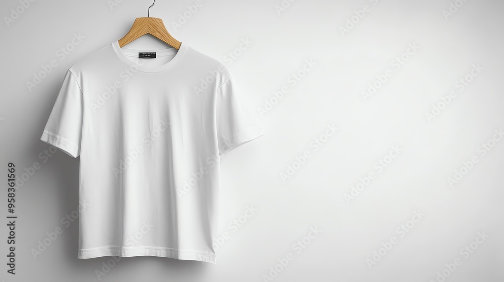 White crew neck tshirt hanging on a wooden hanger against a white background, Crew Neck Mockup, Simple elegance White crew neck tshirt hanging on a wooden hanger against a white background, Crew Neck Mockup, Simple elegance