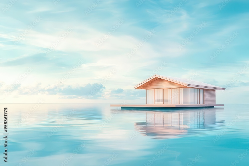Floating house on stilts in floodprone area, adaptation architecture in a vibrant, highcontrast shot with the house reflecting in calm water and a resilient, modern design Floating house on stilts in floodprone area, adaptation architecture in a vibrant, highcontrast shot with the house reflecting in calm water and a resilient, modern design
