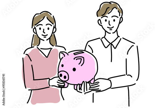 貯金する夫婦とブタの貯金箱のかわいいシンプル線画