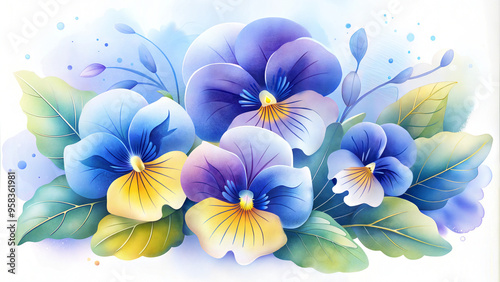 Vibrant pansy blossoms with lush green leaves on a bright background with copy space