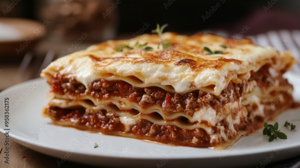 A close-up of a classic Italian lasagna with layers of pasta, meat sauce, and chamel, elegantly presented on a white plate to showcase its hearty and comforting appeal. A close-up of a classic Italian lasagna with layers of pasta, meat sauce, and chamel, elegantly presented on a white plate to showcase its hearty and comforting appeal.
