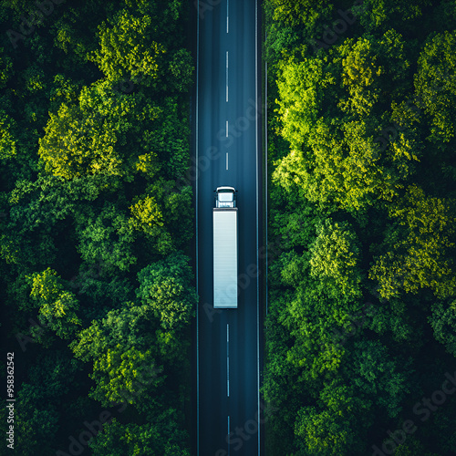 top view of indian transport truck driving on highway road in green forest. Sustainable transport. Drone view of hydrogen energy truck asphalt road through green forest