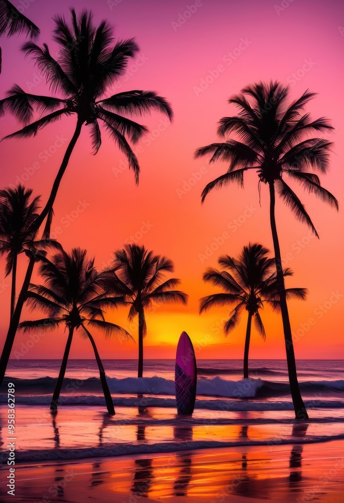 vibrant surfboards arranged neatly colorful beach sunset striking hues purple reflecting water, orange, pink, sky, reflection, light, clouds, sea, coast vibrant surfboards arranged neatly colorful beach sunset striking hues purple reflecting water, orange, pink, sky, reflection, light, clouds, sea, coast