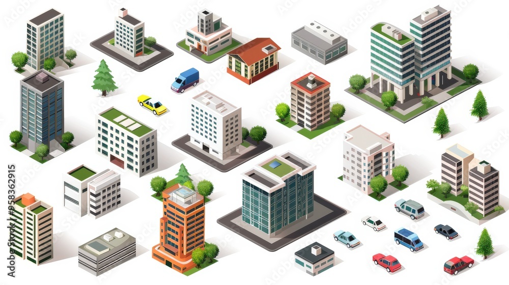 Isometric Set of Three-Dimensional Blocks for Apartment Area in Business Center Isometric Set of Three-Dimensional Blocks for Apartment Area in Business Center