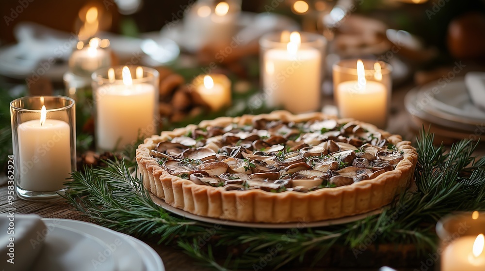 A rustic dinner table set with a mushroom tart centerpiece, surrounded by candles and fresh herbs, creating a cozy atmosphere