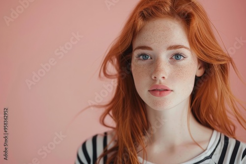 Beautiful redhead woman with freckles posing on pink background