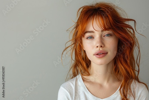 Portrait of a beautiful young woman with long red hair and freckles on grey background