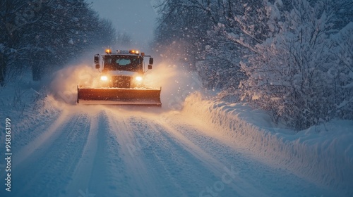 A snowplow blade pushing through heavy snow on a rural road, clearing a path in the early morning.