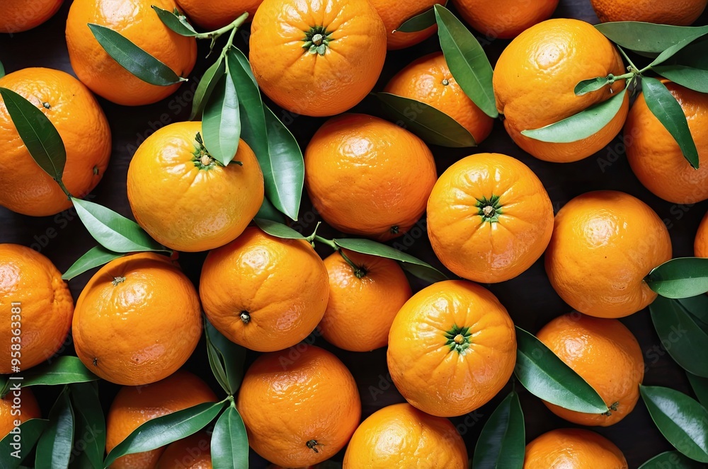 Ripe, juicy oranges with green leaves, close-up view Ripe, juicy oranges with green leaves, close-up view