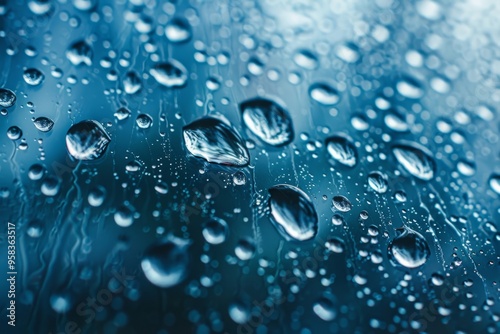 Water drops falling making splashing bubbles on blue background