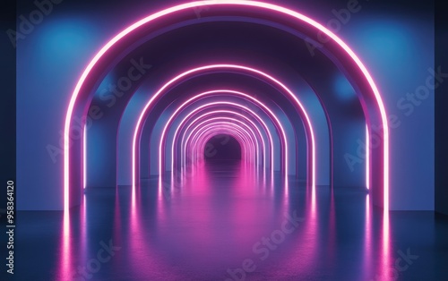 Futuristic architectural background featuring a glowing arched interior in 3D render