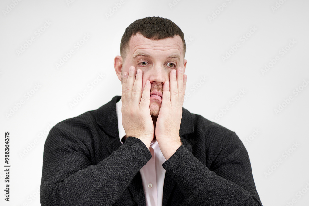Stressed businessman with hands on the face over grey background with copy space, sadness and disappointed concept Stressed businessman with hands on the face over grey background with copy space, sadness and disappointed concept