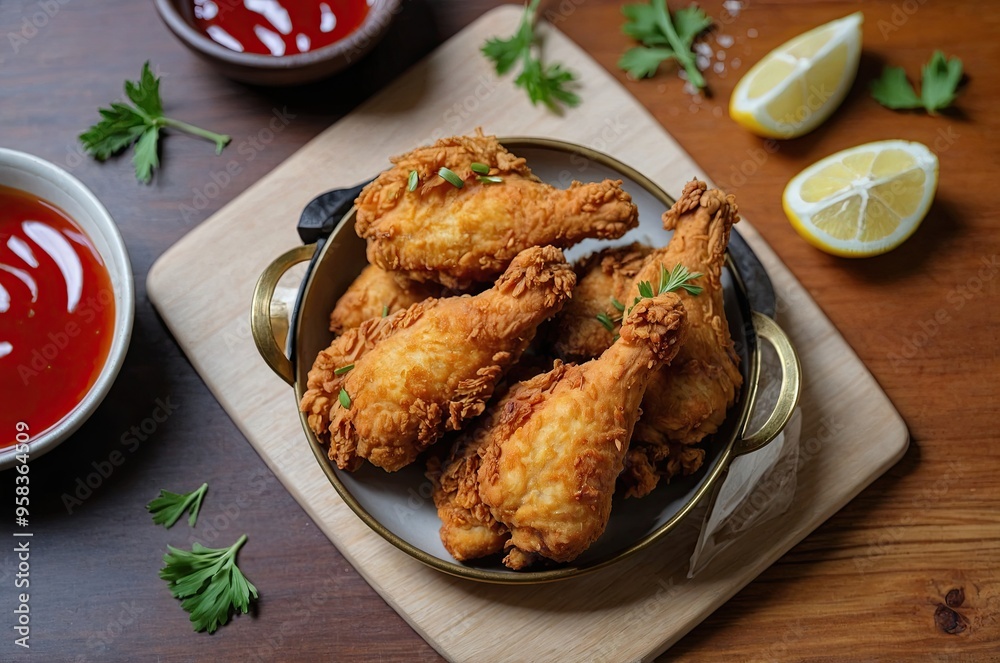 Crispy fried chicken drumsticks on a plate, served with a side of dipping sauce and fresh greens Crispy fried chicken drumsticks on a plate, served with a side of dipping sauce and fresh greens