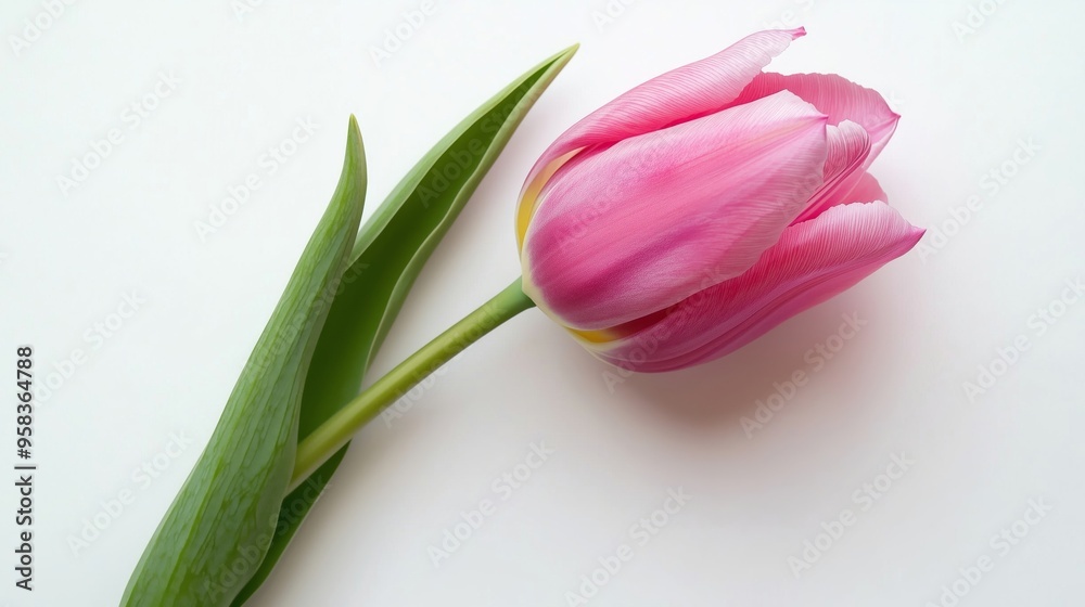 A Beautiful Closeup of a Pink Tulip Flower and Its Leaf A Beautiful Closeup of a Pink Tulip Flower and Its Leaf