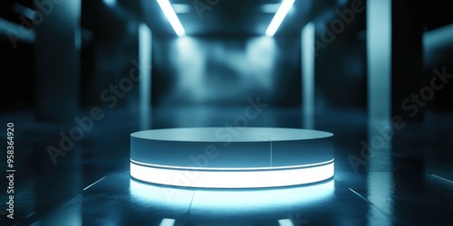 Futuristic Pedestal with White Neon Glow for Product Display 3D Render Featuring Blurred Floor Reflections photo