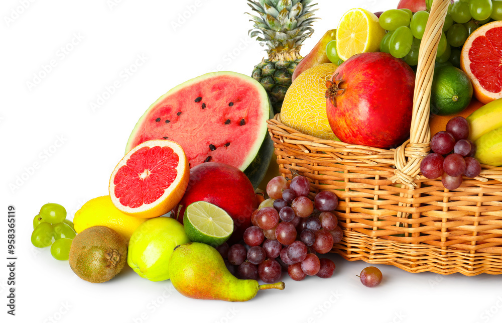 Many different fresh fruits in wicker basket isolated on white Many different fresh fruits in wicker basket isolated on white