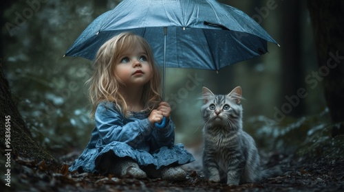 A little girl holding an umbrella next to a cat