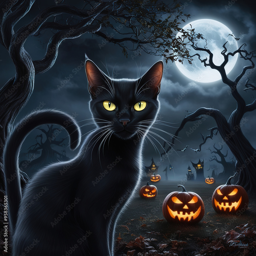 Black Cat in the Moonlit Graveyard
