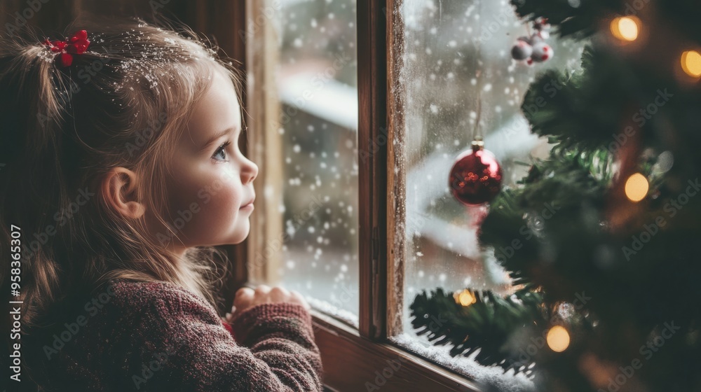 A little girl looking out a window at a christmas tree A little girl looking out a window at a christmas tree