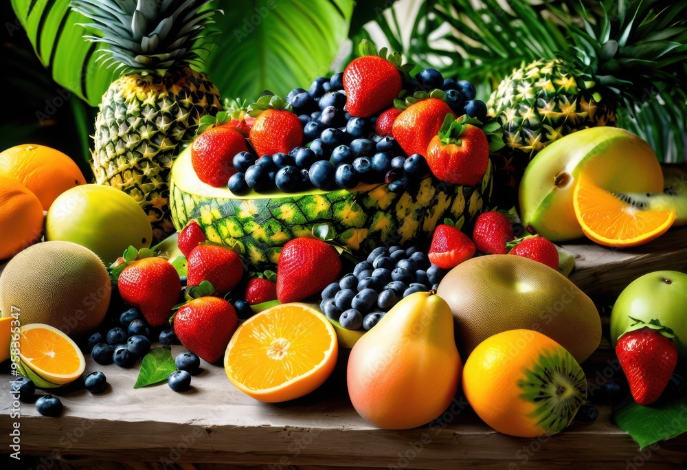 vibrant summer fruit arrangements displayed luxurious surfaces featuring colorful tropical fruits, berry, melon, luxury, plate, bowl, decoration, fresh vibrant summer fruit arrangements displayed luxurious surfaces featuring colorful tropical fruits, berry, melon, luxury, plate, bowl, decoration, fresh