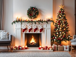 Fireplace with beautiful Christmas decorations in living room. Front view.