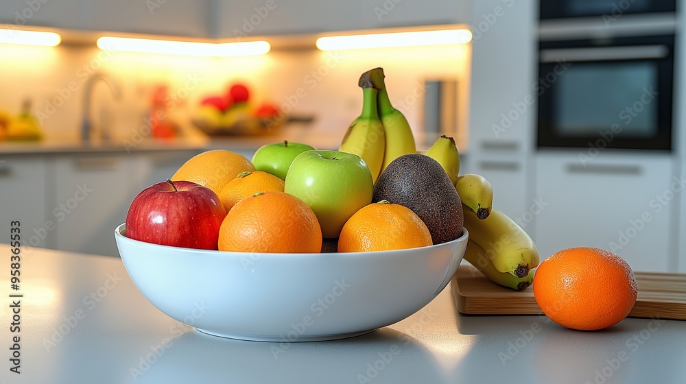 A clean, organized kitchen countertop features a large white bowl filled with fresh fruits, set against a minimalist kitchen backdrop A clean, organized kitchen countertop features a large white bowl filled with fresh fruits, set against a minimalist kitchen backdrop