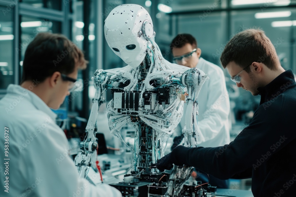 Robot Repair: Engineers Examining a Complex Android Robot Repair: Engineers Examining a Complex Android