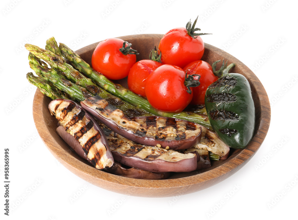 Delicious grilled vegetables in bowl isolated on white