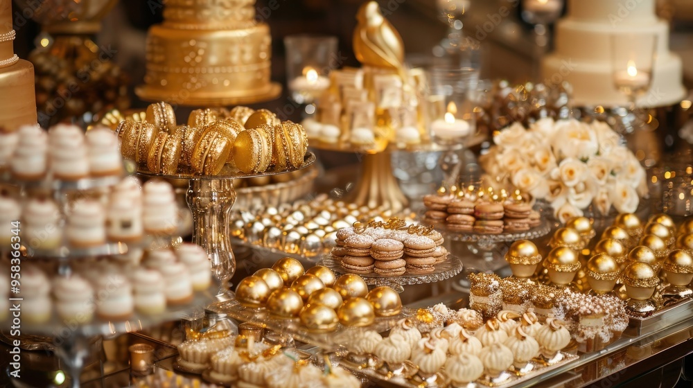 Show a lavish dessert table with a variety of gourmet treats, including edible gold-dusted chocolates, macarons, and champagne-infused desserts. Show a lavish dessert table with a variety of gourmet treats, including edible gold-dusted chocolates, macarons, and champagne-infused desserts.