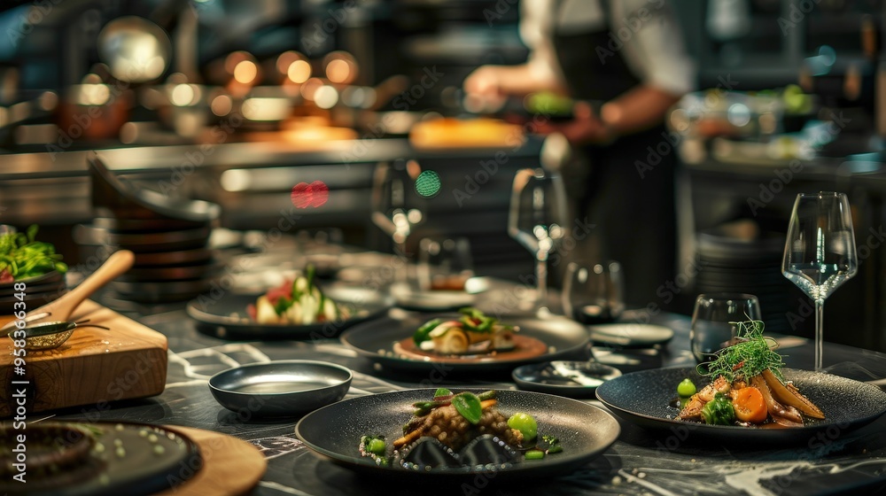 Show a lavish food experience featuring a table setup with exclusive dishes like truffle-infused pasta and Wagyu beef Show a lavish food experience featuring a table setup with exclusive dishes like truffle-infused pasta and Wagyu beef