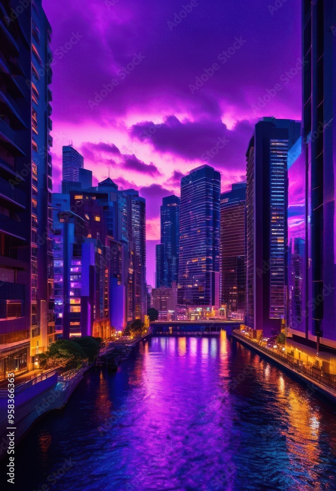 Naklejka premium stunning evening skyline displaying vibrant city lights colorful architecture twilight sky, buildings, cityscape, dusk, glow, illumination, luminosity