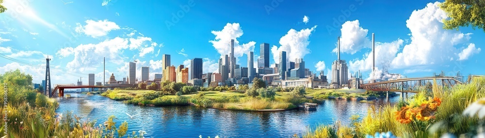 Green field with cityscape in the background under blue sky Green field with cityscape in the background under blue sky