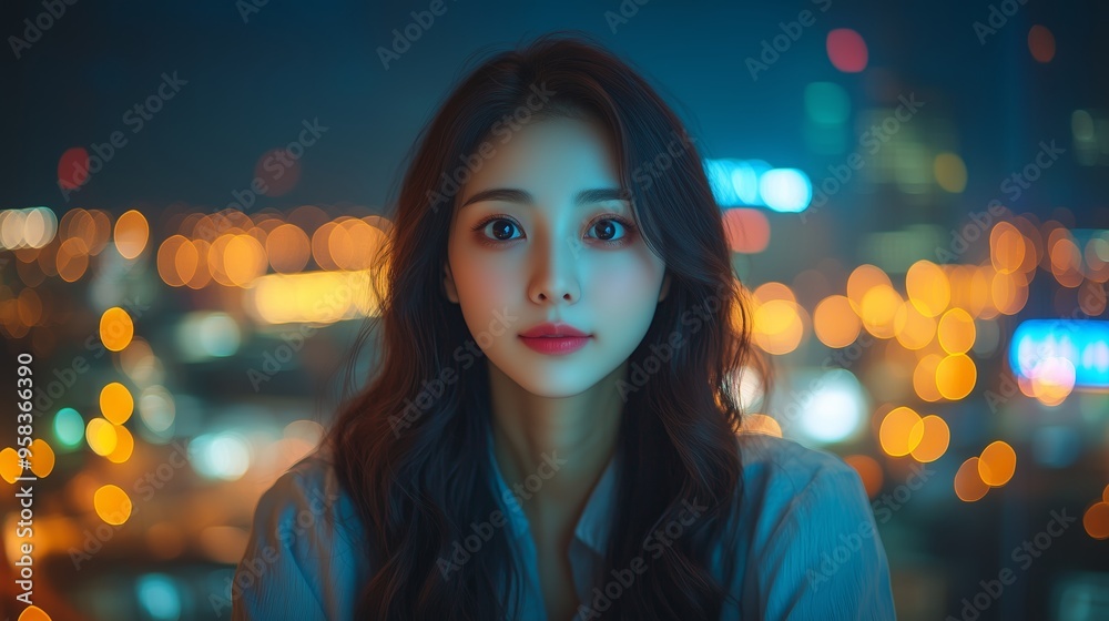 Young woman with long hair gazes thoughtfully at the city skyline adorned with glowing lights during a night scene Young woman with long hair gazes thoughtfully at the city skyline adorned with glowing lights during a night scene