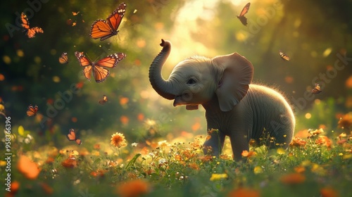 A baby elephant enjoys a sunny day in a field of flowers. photo