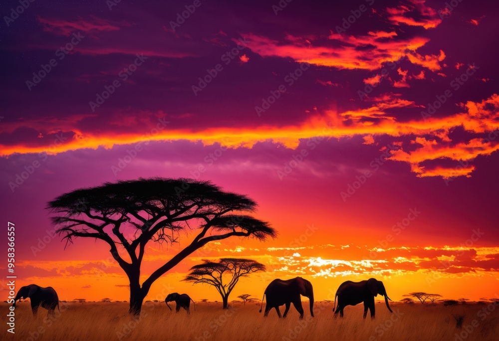 Fototapeta premium expansive savanna landscapes showcasing colorful animal silhouettes dazzling sunset sky, vibrant, colors, nature, horizon, wildlife, scenery, grassland