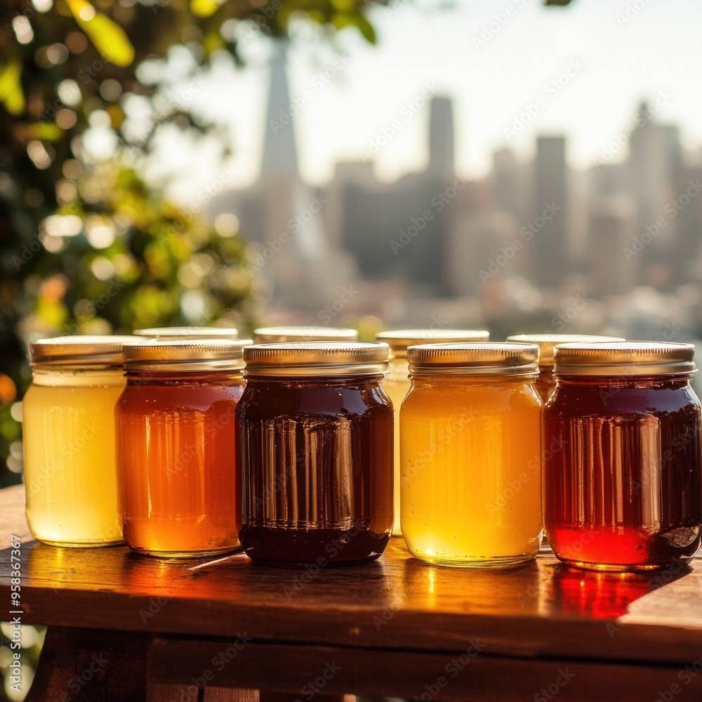 Honey Jars on a Wooden Table